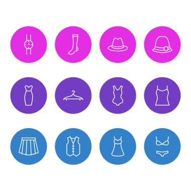 12 giyim simgeler vektör Illustration. Mayo, Singlet, el saat öğelerin düzenlenebilir paketi.