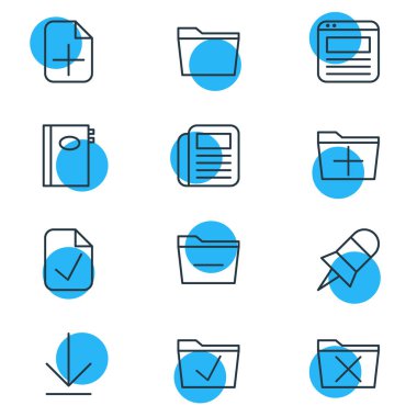 12 Office simgeler vektör Illustration. Dergi, kitap, indirme düzenlenebilir Pack ve diğer öğeleri.