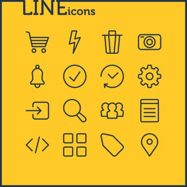 16 uygulama simgeler vektör Illustration. Belge, komut dosyası, fotoğraf cihazları ve diğer öğeleri düzenlenebilir paketi.