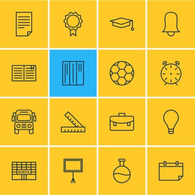 16 çalışmalar simgeler vektör Illustration. Düzenlenebilir paket metre, tüp, okul ve diğer öğeleri.
