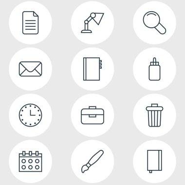 12 aletleri simgeler vektör Illustration. Ders kitabı, Çöp konteyner, portföy ve diğer öğeleri düzenlenebilir paketi.