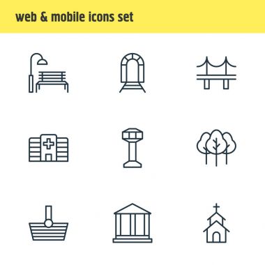 9 genel simgeler vektör Illustration. Kontrol kulesi, Adliye, tezgah ve diğer öğeleri düzenlenebilir paketi.