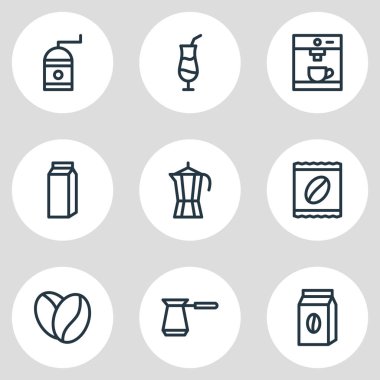 9 kahve simgeler vektör Illustration. Mocha, tohum, Türk ve diğer öğeleri düzenlenebilir paketi.