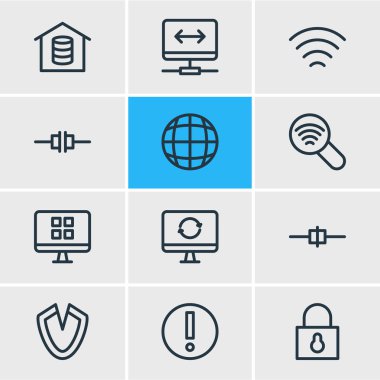 12 ağ simgeler vektör Illustration. Düzenlenebilir sürüsü bağlantısı kesildi, işletim sistemi istemci, kablo ve diğer öğeleri.