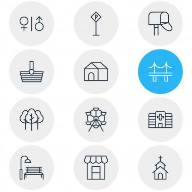 12 altyapı simgeler vektör Illustration. Golden Gate, tuvalet, ev ve diğer öğeleri düzenlenebilir paketi.