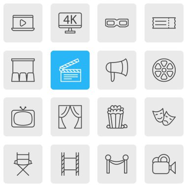 16 sinema simgeler vektör Illustration. Kupon, trajedi, kamera ve diğer öğeleri düzenlenebilir paketi.