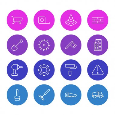 16 sanayi simgeler vektör Illustration. Balta, dikkat, kürek ve diğer öğeleri düzenlenebilir paketi.
