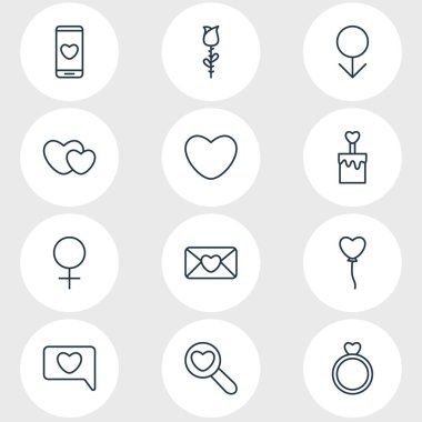 12 aşk simgeler vektör Illustration. Erkek, davet, akıllı telefon ve diğer öğeleri düzenlenebilir paketi.