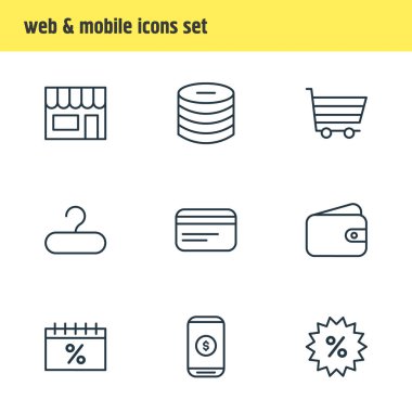 9 ticaret simgeler vektör Illustration. Kutusu, satış, Market ve diğer öğeleri düzenlenebilir paketi.