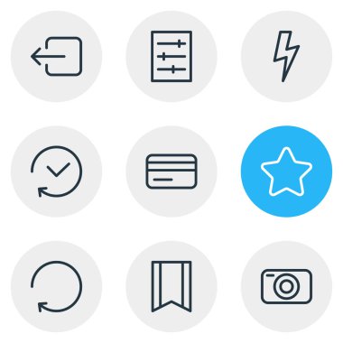 9 App simgelerin vektör çizim. Çıkış, yeniden yükle, beğeni ve diğer öğeleri düzenlenebilir paketi.