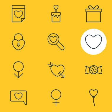 12 aşk simgeler vektör Illustration. Düzenlenebilir paketi hediye, ok, kilit ve diğer öğeleri.