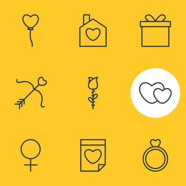 9 Amour simgeler vektör Illustration. Nişan, ev, kadın ve diğer öğeleri düzenlenebilir paketi.