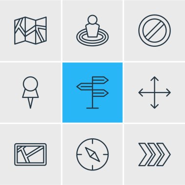 9 gezinti simgeler vektör Illustration. Ok, Marker, kağıt Coğrafya ve diğer öğeleri düzenlenebilir paketi.