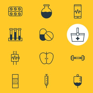 12 tıp simgeler vektör Illustration. Antibiyotik, yardım grubu, antikor öğelerin düzenlenebilir paketi.