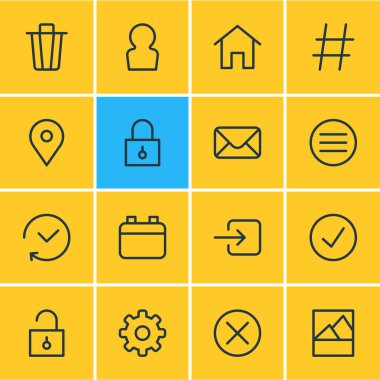 16 ek simgeler vektör Illustration. Çöp konteyner, konu, asma kilit ve diğer öğeleri düzenlenebilir paketi.