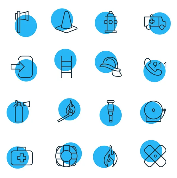 Ilustración vectorial de 16 iconos de emergencia. Paquete editable de puerta, adhesivo, fuego y otros elementos . — Archivo Imágenes Vectoriales