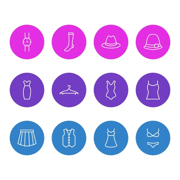 Vektorillustration von 12 Kleidungssymbolen. editierbare Packung Badebekleidung, Singlet, Zeiger-Uhr-Elemente. — Stockvektor