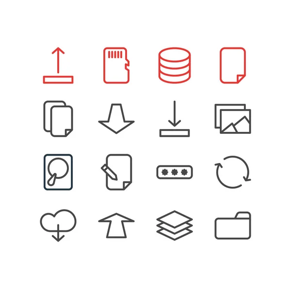 Ilustración vectorial de 16 iconos de almacenamiento. Paquete editable de Galería, Documentos, Dossier y otros elementos . — Archivo Imágenes Vectoriales