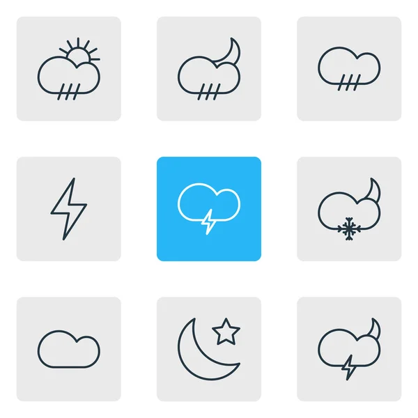 Ilustração vetorial de 9 ícones meteorológicos. Pacote editável de tempo, chuvoso, floco de neve e outros elementos . — Vetor de Stock