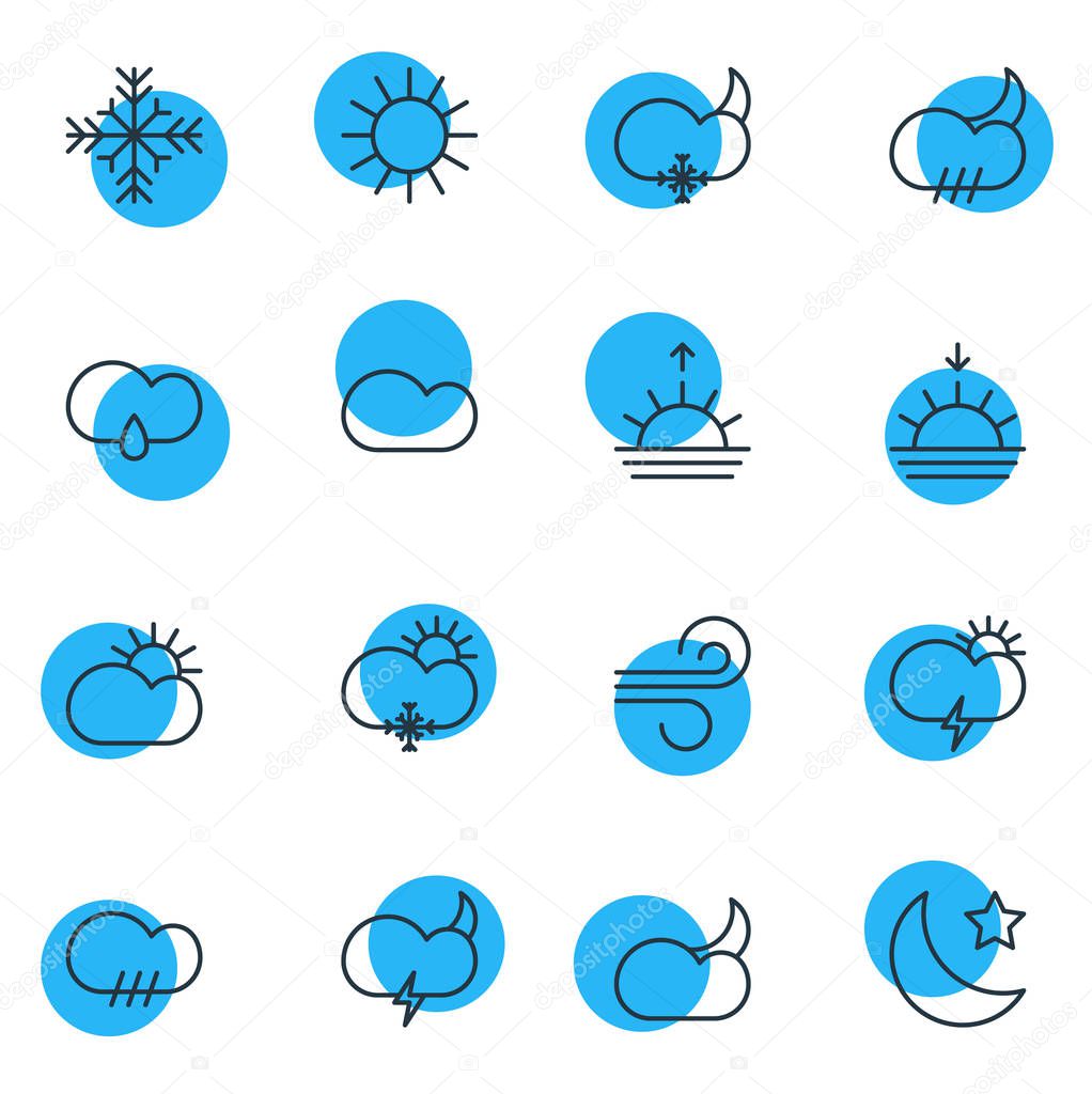 Vector Illustration Of 16 Sky Icons. Editable Pack Of Snowflake, Rainy, Sun And Other Elements.