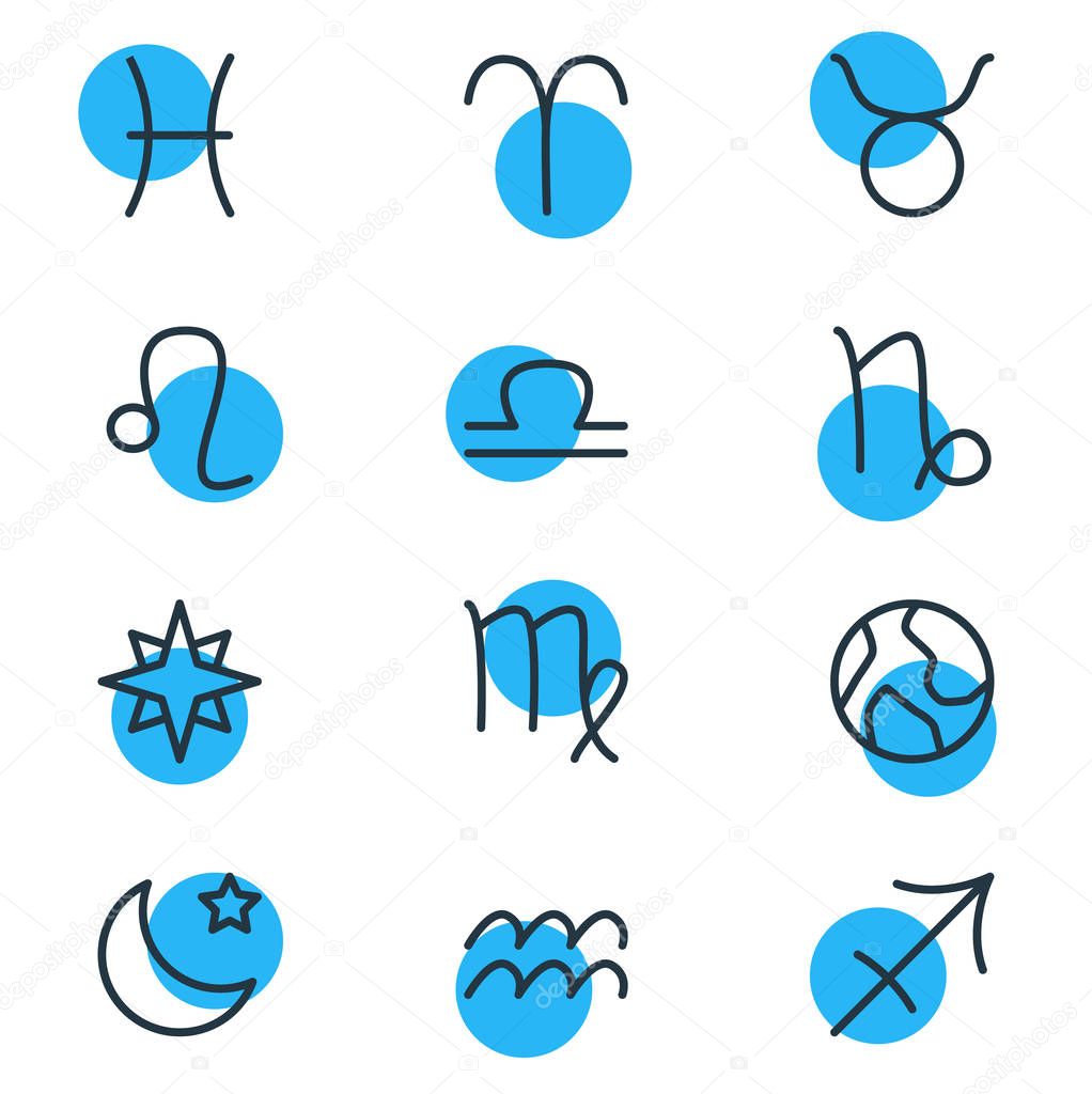 Vector Illustration Of 12 Constellation Icons. Editable Pack Of Water Bearer, Ram, Favorite And Other Elements.