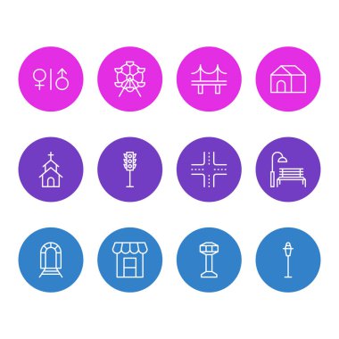 12 genel simgeler vektör Illustration. Metro, tuvalet, elektrik direği ve diğer öğeleri düzenlenebilir paketi.