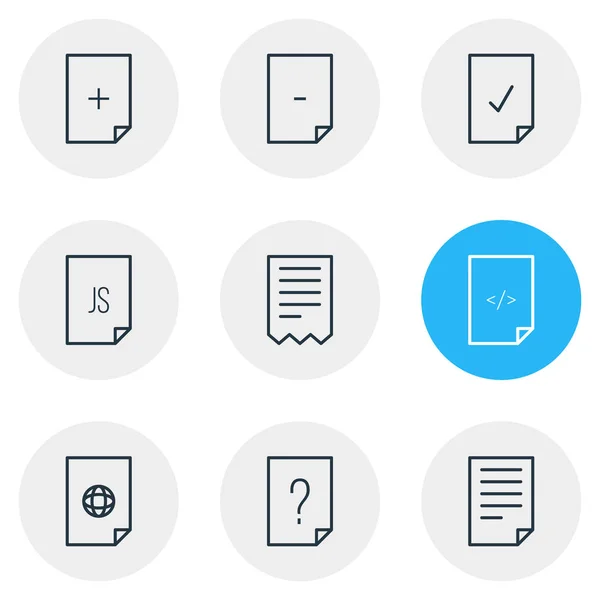 ตัวอย่างเวกเตอร์ของไอคอนเอกสาร 9 ตัว แพ็คแก้ไขของ HTML, คําถาม, อินเทอร์เน็ตและองค์ประกอบอื่น ๆ . — ภาพเวกเตอร์สต็อก