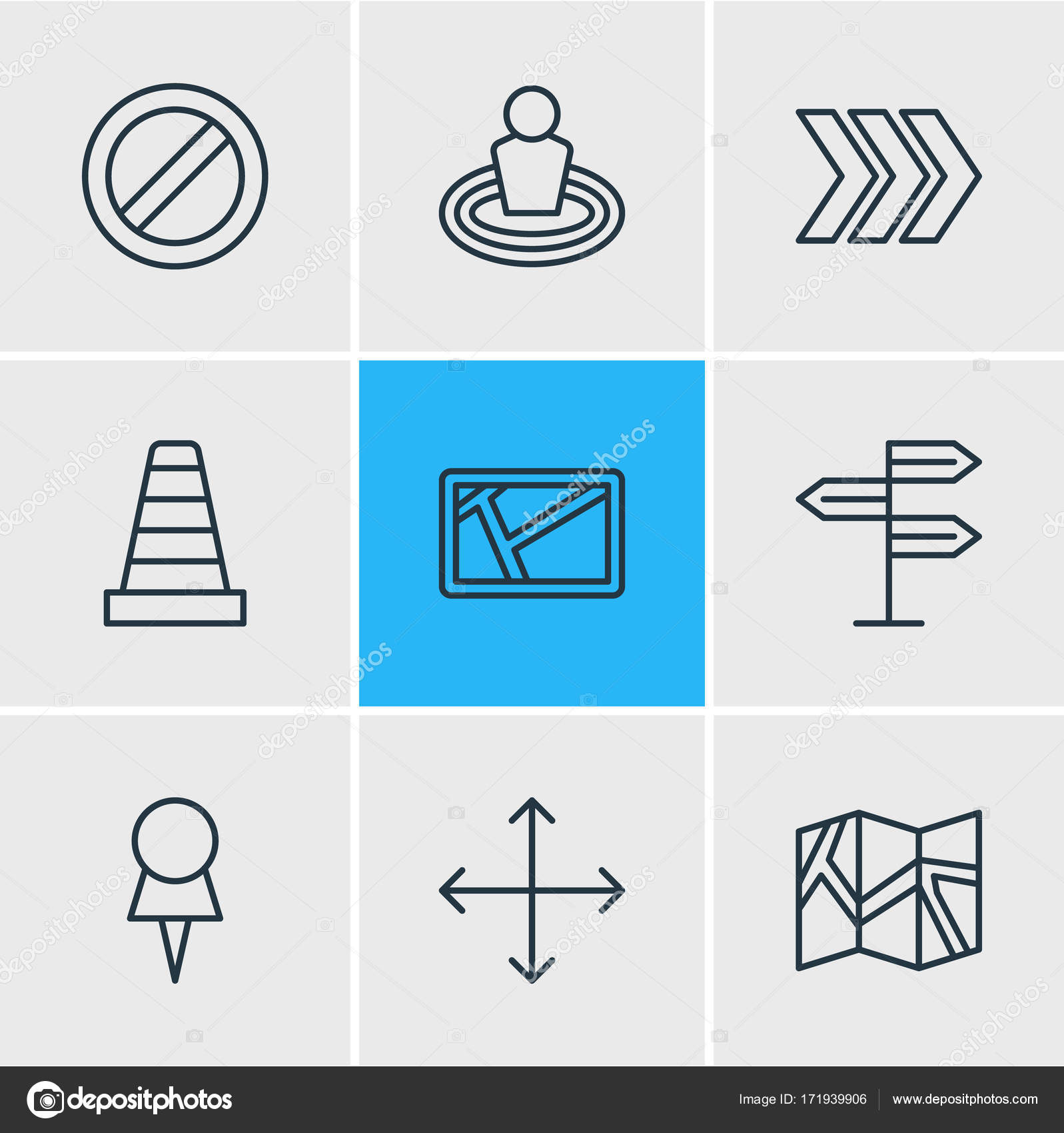 Vector Illustration Of 9 Direction Icons. Editable Pack Of Map, Paper Geography, Block