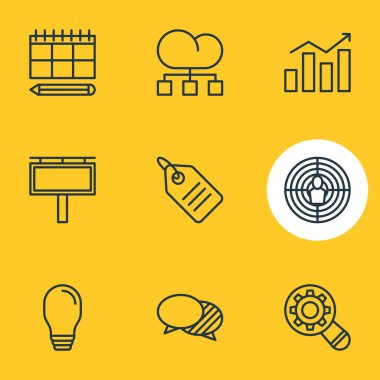 9 reklam simgeler vektör Illustration. İstatistik, düzenlenebilir bohça indirim etiketi, bulut dağıtım ve diğer öğeleri.