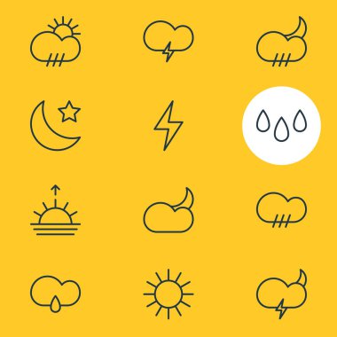 12 gökyüzü simgeler vektör Illustration. Düzenlenebilir sürüsü Drizzles, damla, hava durumu ve diğer öğeleri.