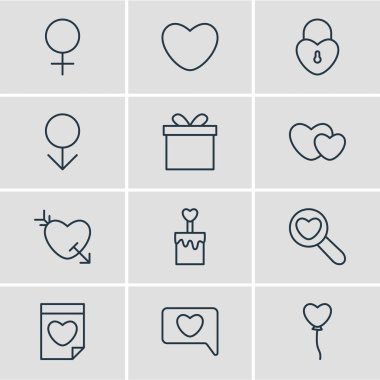 12 Amour simgeler vektör Illustration. Kilit, erkek, Sevgililer ve diğer öğeleri düzenlenebilir paketi.
