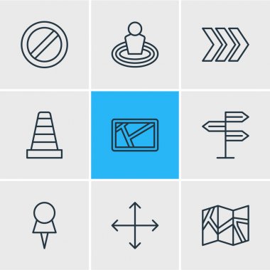 9 yönünü simgeler vektör Illustration. Harita, kağıt coğrafya, blok ve diğer öğeleri düzenlenebilir paketi.