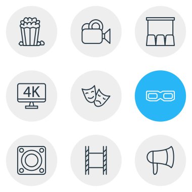 9 Sinema simgeler vektör Illustration. Snack, hoparlör, film şeridi ve diğer öğeleri düzenlenebilir paketi.