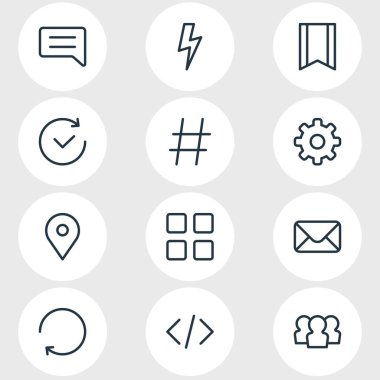 12 uygulama simgeler vektör Illustration. Komut dosyası, mektup, flama ve diğer öğeleri düzenlenebilir paketi.