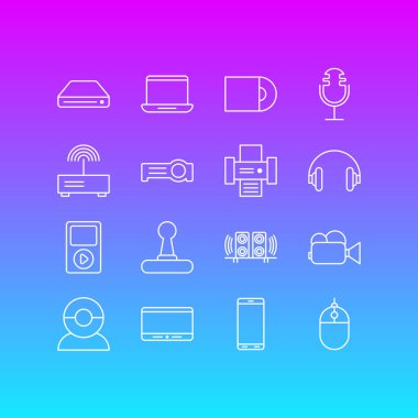 16 teknoloji simgeler vektör Illustration. Smartphone, hoparlör, Modem ve diğer öğeleri düzenlenebilir paketi.