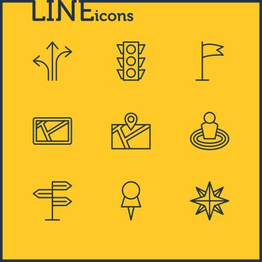 9 gezinti simgeler vektör Illustration. PIN, yer, Işaret ve diğer öğeleri düzenlenebilir paketi.