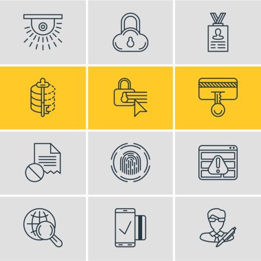 12 koruma simgeler vektör Illustration. Güvenli depolama, kamera, telif hakkı ve diğer öğeleri düzenlenebilir paketi.