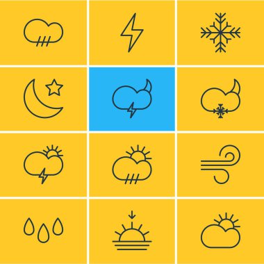 12 hava simgeler vektör Illustration. Hava, yıldırım, kasırga ve diğer öğeleri düzenlenebilir paketi.