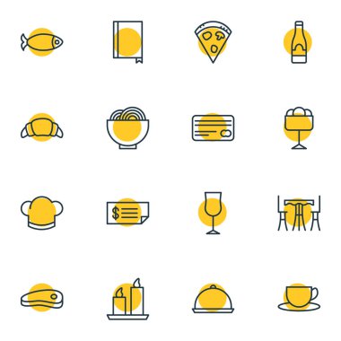 16 Cafe simgeler vektör Illustration. Deniz ürünleri, tepsi, pastırma ve diğer öğeleri düzenlenebilir paketi.