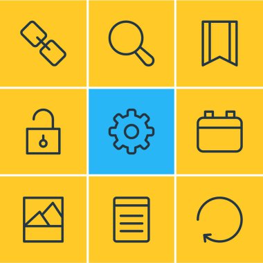 9 uygulama simgeler vektör Illustration. Tarih, Url, asma kilit ve diğer öğeleri düzenlenebilir sürüsü.