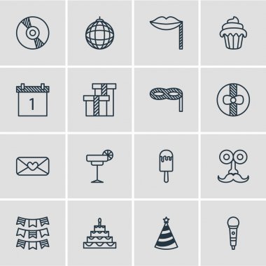 16 parti simgeler vektör Illustration. Kek, dondurma, hediye ve diğer öğeleri düzenlenebilir paketi.