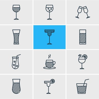 12 içecekler simgeler vektör Illustration. Düzenlenebilir paket çay bardağı, bardağı, cam ve diğer öğeleri.