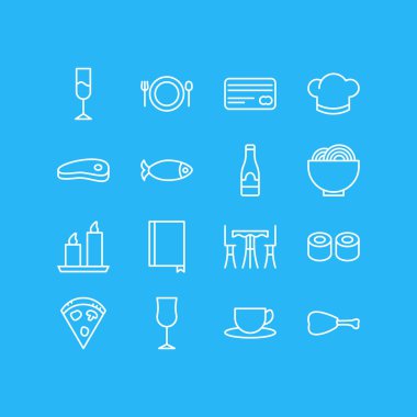 16 yeme simgeler vektör Illustration. Şapka, kitap, pastırma ve diğer öğeleri düzenlenebilir paketi.