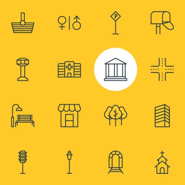 16 simgeler vektör Illustration. Tezgah, kontrol kulesi, elektrik direği ve diğer öğeleri düzenlenebilir paketi.