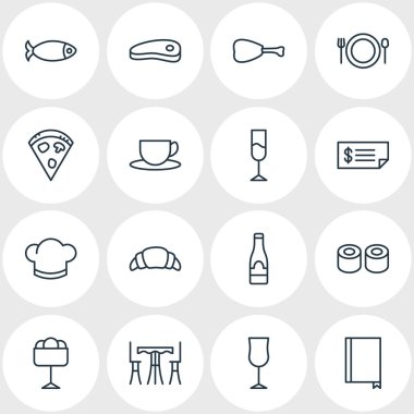 16 yeme simgeler vektör Illustration. Japon rulo, deniz ürünleri, çay ve diğer öğeleri düzenlenebilir paketi.