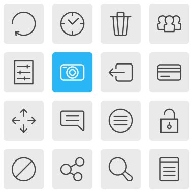 16 App simgelerin vektör çizim. Fotoğraf cihazları, çıkış, blok ve diğer öğeleri düzenlenebilir paketi.