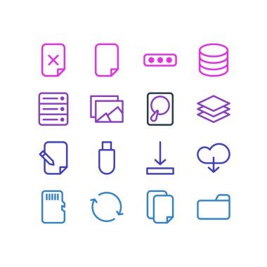16 bellek simgeler vektör Illustration. Dosyayı, Hdd, kaldır ve diğer öğeleri düzenlenebilir paketi.