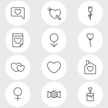 12 aşk simgeler vektör Illustration. Ev, kupa, mum öğelerin düzenlenebilir paketi.