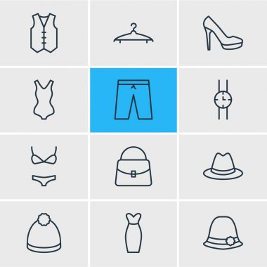 12 giysi simgeler vektör Illustration. Sandal, Panama, vestiyer öğelerin düzenlenebilir paketi.