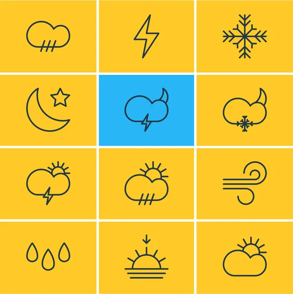 Vector Illustration Of 12 Weather Icons. Editable Pack Of Weather, Lightning, Windstorm And Other Elements. — Stock Vector